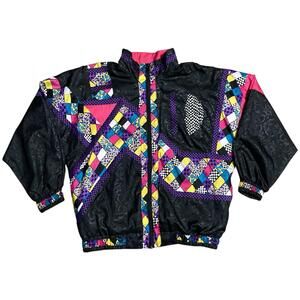 Vintage Lavon Jacket Women M Black Multicolor Track Windbreaker 90s